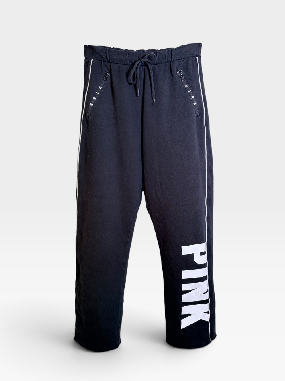 PINK Victoria’s Secret Black Wide-Leg Fleece Sweatpants White Graphic + Trims, S